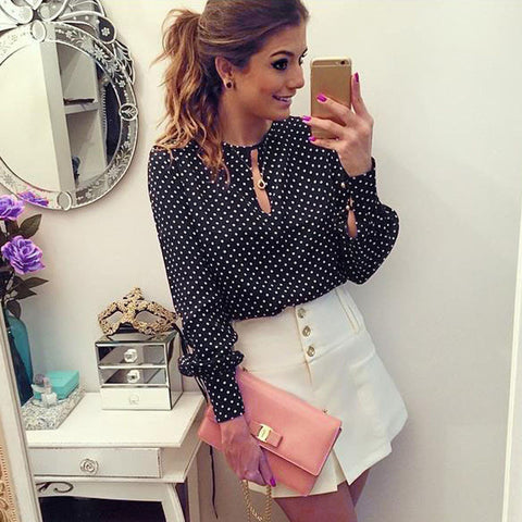 Casual O-Neck Long Sleeves Blouses Spring Summer Chiffon Polka Dots Shirt