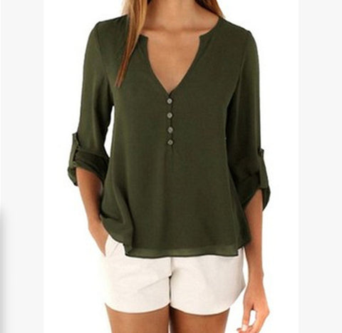 Loose Button Long Sleeve Deep V Neck Chiffon Blouse