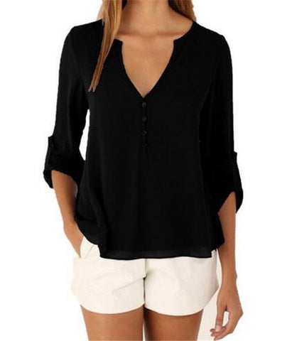 Loose Button Long Sleeve Deep V Neck Chiffon Blouse