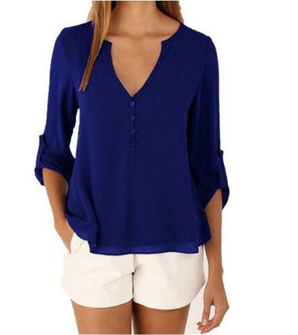 Loose Button Long Sleeve Deep V Neck Chiffon Blouse