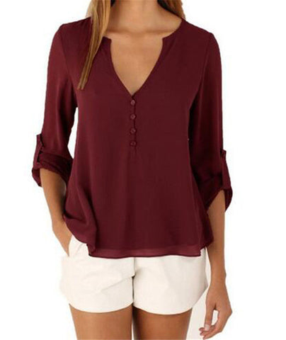 Loose Button Long Sleeve Deep V Neck Chiffon Blouse