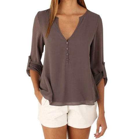 Loose Button Long Sleeve Deep V Neck Chiffon Blouse