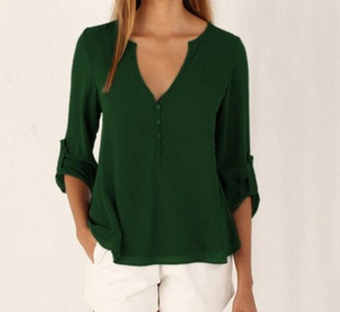 Loose Button Long Sleeve Deep V Neck Chiffon Blouse