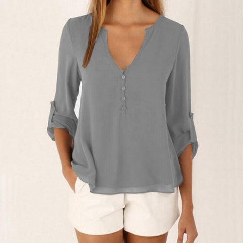 Loose Button Long Sleeve Deep V Neck Chiffon Blouse