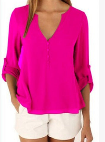 Loose Button Long Sleeve Deep V Neck Chiffon Blouse