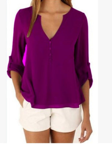 Loose Button Long Sleeve Deep V Neck Chiffon Blouse