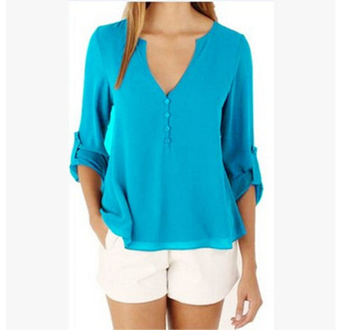 Loose Button Long Sleeve Deep V Neck Chiffon Blouse