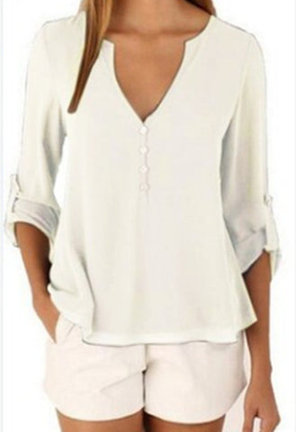 Loose Button Long Sleeve Deep V Neck Chiffon Blouse