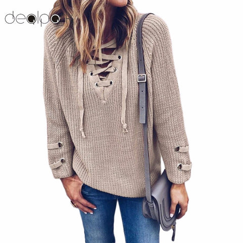 V Neck Knitted Lace up Sweater