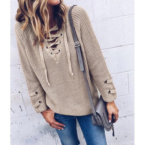 V Neck Knitted Lace up Sweater