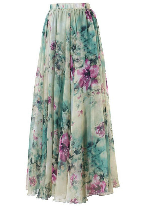 Women Floral Chiffon Long Maxi Full Skirt