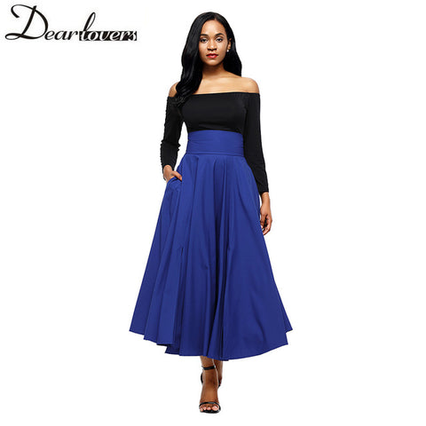 Women Gray Retro High Waist Pleated Belted Maxi Skirt