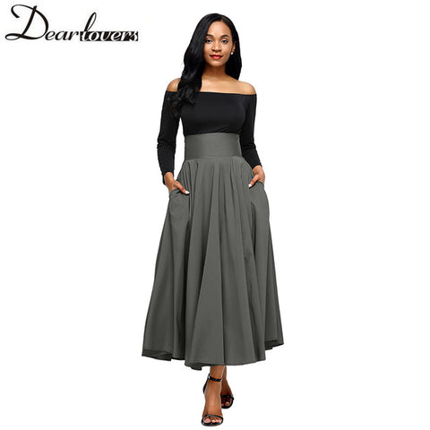 Women Gray Retro High Waist Pleated Belted Maxi Skirt