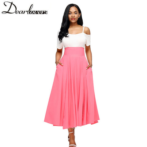 Women Gray Retro High Waist Pleated Belted Maxi Skirt