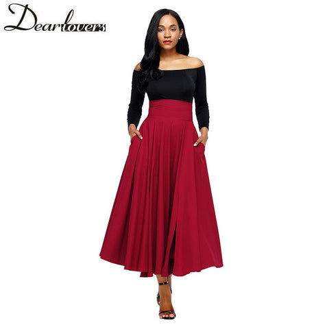 Women Gray Retro High Waist Pleated Belted Maxi Skirt