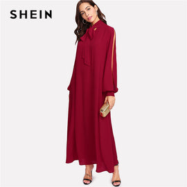 Women Burgundy Loose Long Sleeve Dresses