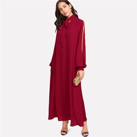 Women Burgundy Loose Long Sleeve Dresses